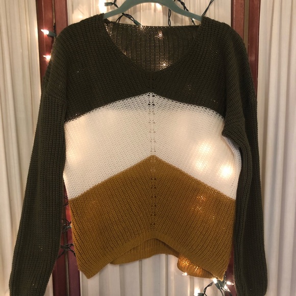 Khaki/Gold wool blend color block sweater - Picture 2 of 4